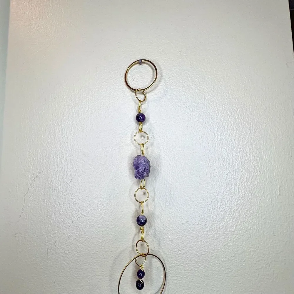 Raw Amethyst and Amethyst Bead Gemstone Wall Hanging Gold Filigree